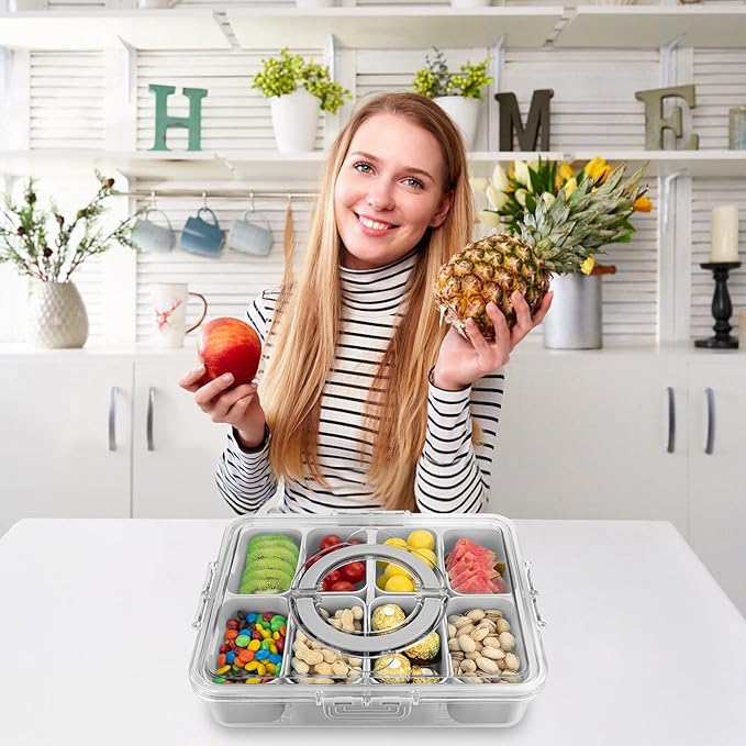 Divided Serving Tray with Lid and Handle,8 Compartments Snacks Box,Snack Fruit and Veggie Tray,Portable Platter for Candy Fruits Nuts Snack Party Entertaining Picnic (2 PCS Grey)