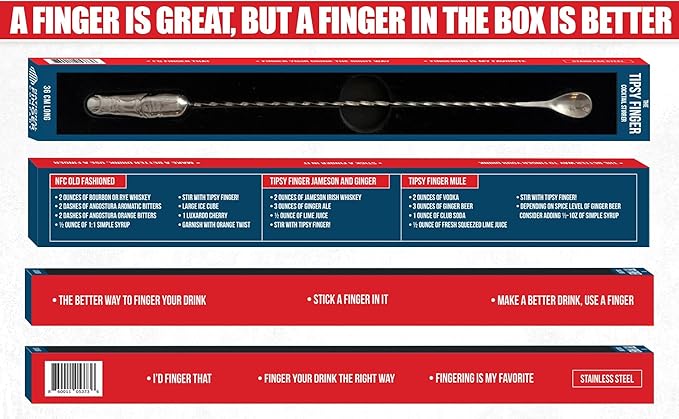 National Finger Company, Finger Cocktail Stirrer, Tipsy Finger, 36 cm, Stainless Steel Life-Size Finger Spoon, Funny Bar Spoon, Novelty Cocktail Stirrer, Gag Gift, Quirky Bar Tool