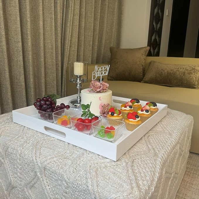 White Modern Acrylic Ottoman Tray with Cutout Handles 20x20 Inch Over-Sized Serving Tray Organizer Rubber Boot Tray Decorative for Living Room Bedroom,Bathroom and Entryway Kitchen