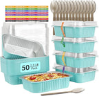 LNYZQUS 50 Pack 1.5lb Small Baking Pans with Lids, 7” x 5” Aluminum Foil Containers Individual Cake Tins,24oz Heavy Duty Takeout Leftover Containers Meal Prep Holders Boxes for Oven-Blue