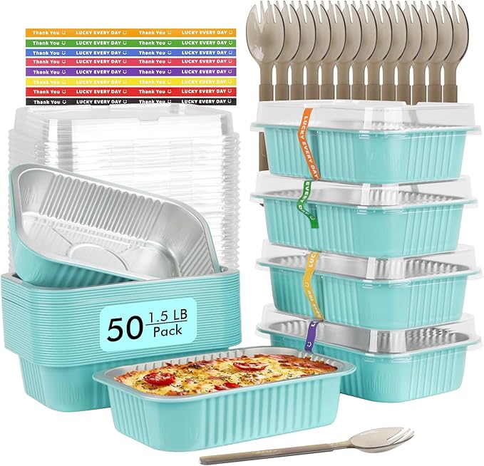 LNYZQUS 50 Pack 1.5lb Small Baking Pans with Lids, 7” x 5” Aluminum Foil Containers Individual Cake Tins,24oz Heavy Duty Takeout Leftover Containers Meal Prep Holders Boxes for Oven-Blue