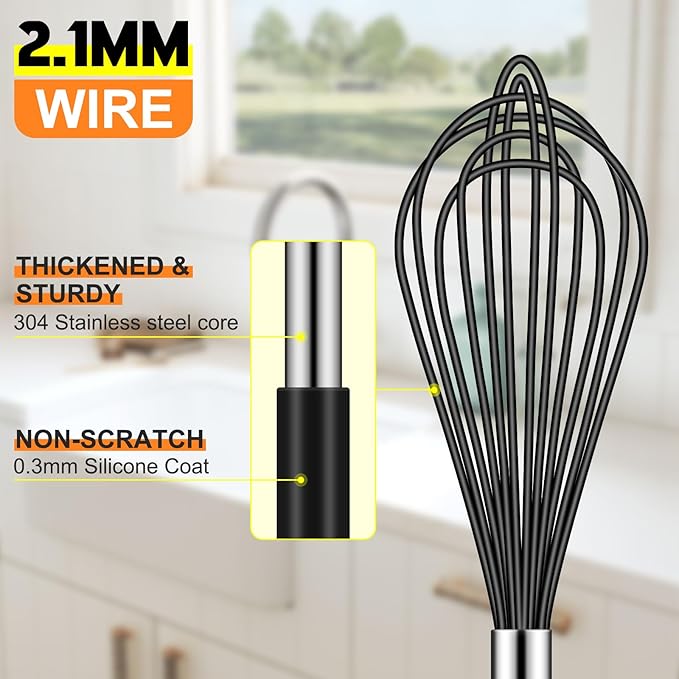 HOTEC 4 Pieces Silicone Whisks Set, Wire Balloon Whisks Egg Beater, Non-slip Handle Whisk for Non-stick Cookware Perfect for Cooking, Stirring, Beating and Blending (Black)