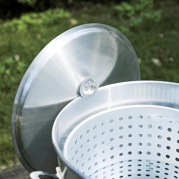 Creole Feast SBK1001 100 Qt Seafood Boiling Kit with Strainer, Outdoor Seafood Boil Pot and Basket with 100,000 BTUs Propane Burner and 10 PSI Regulator, Black & Silver