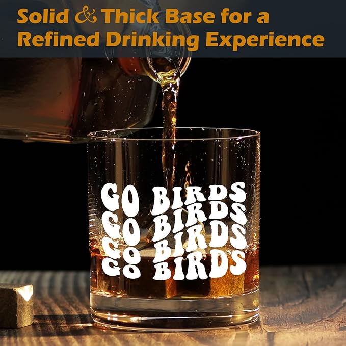 kunlisa Trendy Groovy Go Birds Whiskey Glasses, Football Gifts for Football Fans Lovers Players, 10 oz Drinking Rocks Glasses for Women Men Whisky Cocktail Scotch Bourbon Liquor
