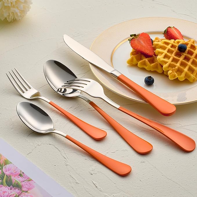 20-Pieces Orange Silverware Sets for 4,Orange Handle Stainless Steel Cutlery Set, Include Forks Spoons and Knives Set, Dishwasher Safe Utensil Sets for Home Restaurant