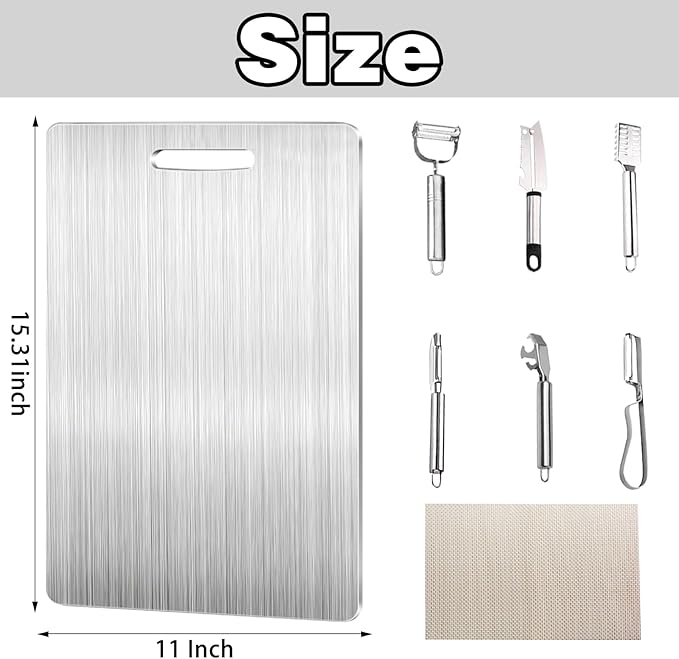 Titanium Cutting Board,Cutting Boards for Kitchen,8 pcs Stainless Steel Cutting Board,Peeler,Mat,Dish Clip,Titanium Cutting Boards for kitchen,For Cutting Vegetables, Meat,Fruits,Silver,15.3x11 IN