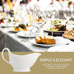 Nucookery Large Classic 17 Oz Gravy Boat with Warmer, White Fine Porcelain Saucier with Big Dripless Lip Spout, Bowl For Thanksgiving, Warming Sauces, Salad Dressings, Milk, Microwave & Freezer Safe