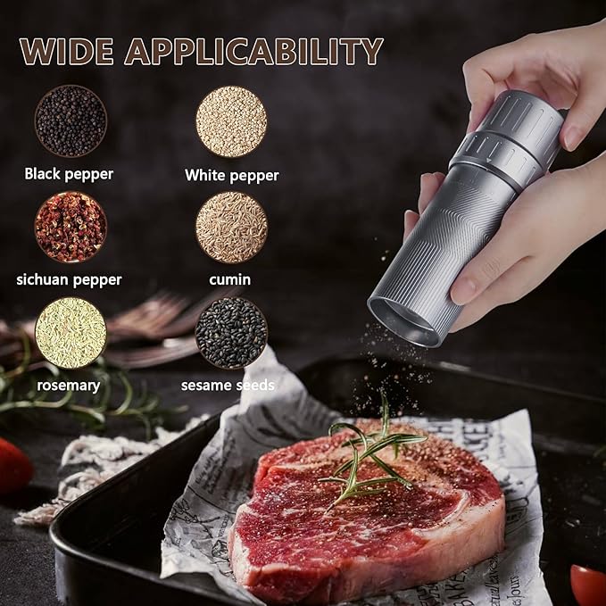 Luvan Professional Grade Pepper Grinder,External Adjustable Coarseness Manual Pepper Mill Grinder, Heavy Duty Aluminum Coarse Pepper Grinder Refillable,Spice Grinder with Stainless Steel Burrs (Gray)