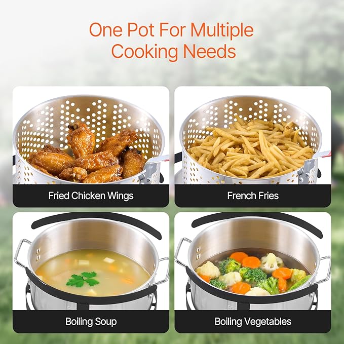 VEVOR 10 Qt Fish and Wing Fryer, Aluminum Propane Fish Fryer Kit, Outdoor Deep Fryer Seafood Pot with Thermometer, Strainer Basket, and 54,000 BTUs Propane Burners, for Outdoor and Backyard Cooking