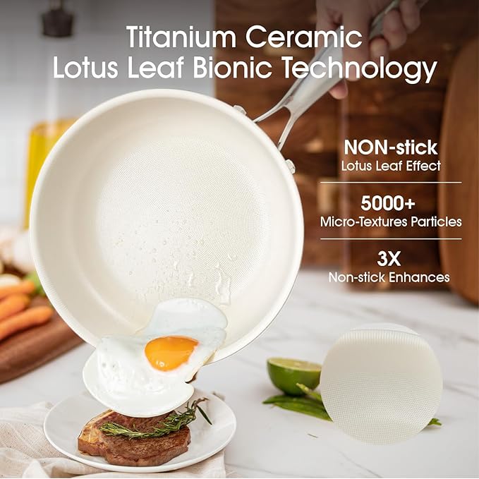 Nonstick Frying Pan Set – 8"10"12" Titanium Ceramic Skillet with Lid, Stay-Cool Handle,PFAS, PTFE, PFOA-Free, Non-Toxic, Dishwasher & Oven Safe, Compatible with All Cooktops,Cream White