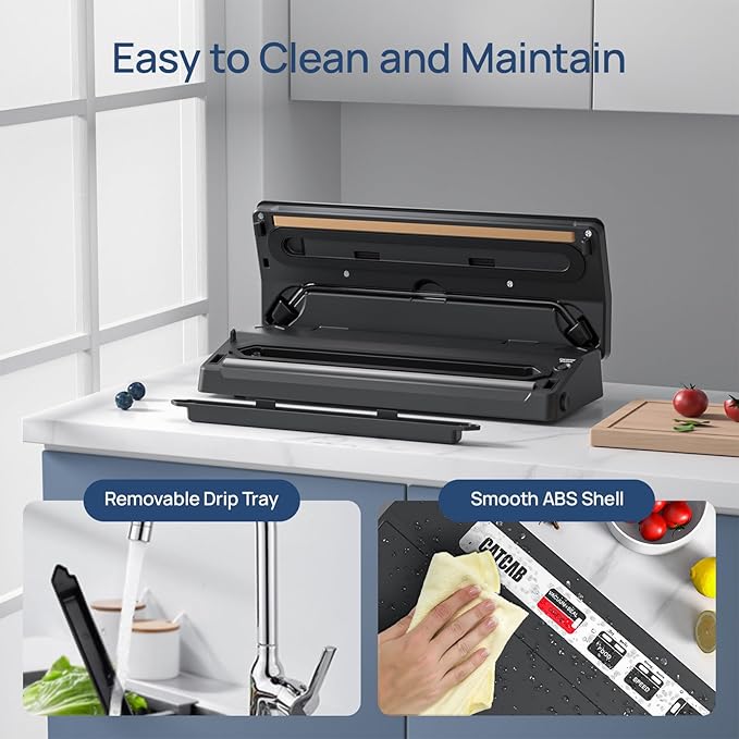 Vacuum Sealer Machine for Food Saver, 70kpa Powerful Suction Compact 7-in-1 Automatic Food Sealer for Sous Vide & Food Storage, Dry/Moist/Strong/Gentle Mode, Removable Drip Tray | 2 Bag Rolls, Black