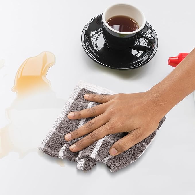 Urban Villa Dish Cloths Terry Cotton Pack of 6, Highly Absorbent Quick Drying Super Soft Premium Dish Towels for Kitchen with Hanging Loop Hand & Tea Towels - 12x12 Inch, (Grey & White, Checks)