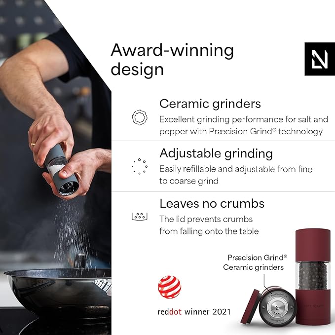LARS NYSØM Salt and Pepper Grinder Set I Salt and Pepper Mills with Adjustable Ceramic Grinder 2 pieces I Manual Design Spice Mill Set (Berry Red)