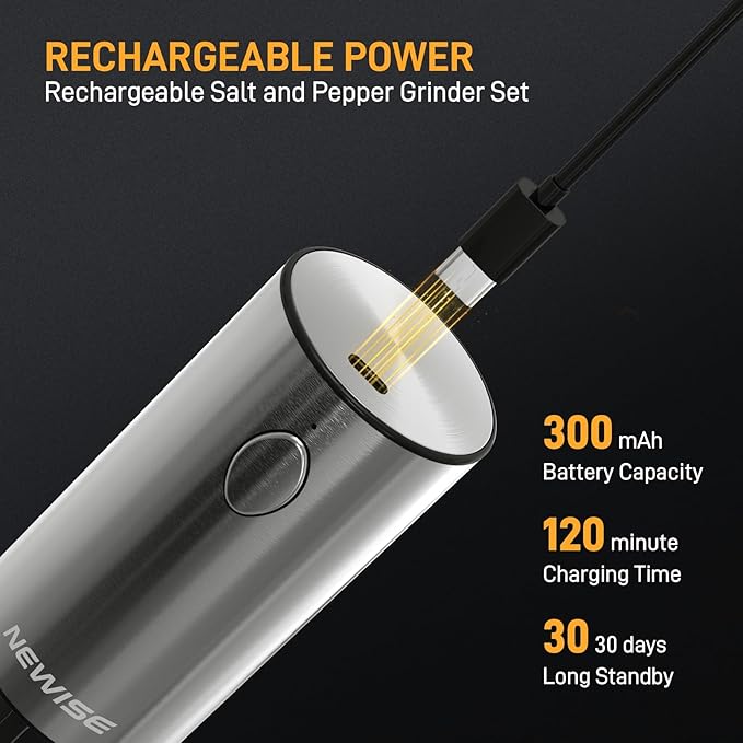 Electric Salt and Pepper Grinder Set, Rechargeable with LED Lights, Stainless Steel Automatic Pepper & Salt Mill, Adjustable Coarseness, Large Capacity, Silver