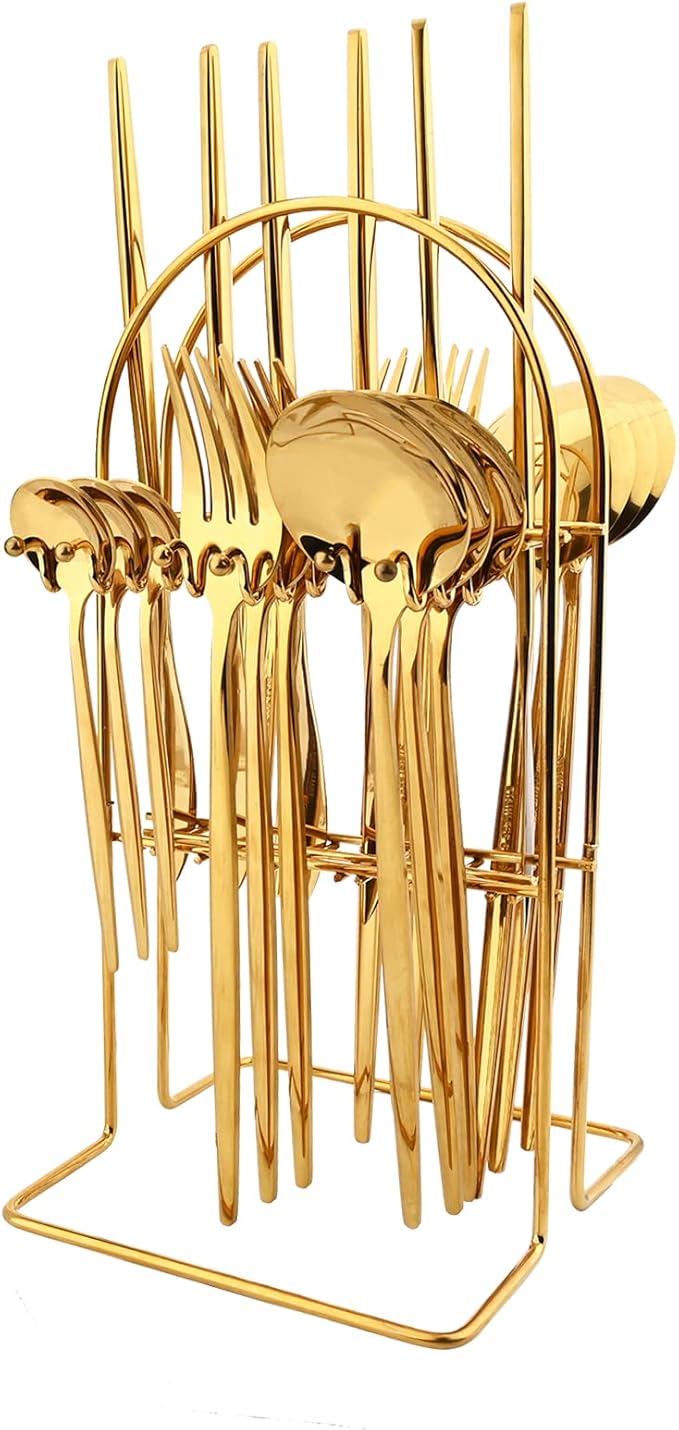 24-Piece Mirror Gold Cutlery Set, Snplowum Stainless Steel Flatware Hanging Tableware Silverware Set Include Knife/Fork/Spoon/Teaspoon and Storage Rack For Daily Use, Service For 6