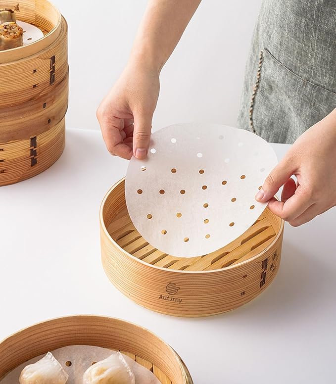 100 PCS Bamboo Steamer Liner, 8 Inch Round Air Fryer Parchment Paper with Holes, White Non-Stick Steamer Paper Sheet