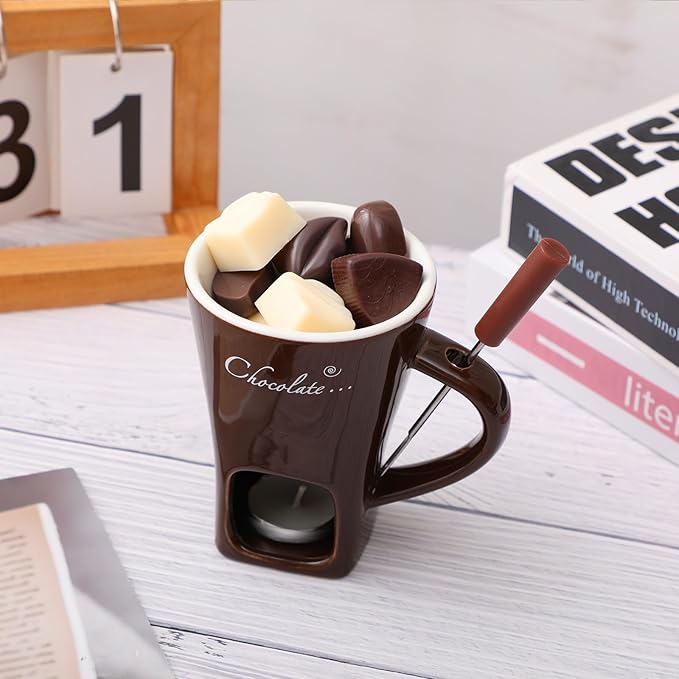 Honeydak 2 Set Chocolate Fondue Mug with Fork and Candle Sweet Ceramic Personal Chocolate Melting Cup Ideal Gifts for Birthday Date Night Birthday Wedding Gifts (Brown)