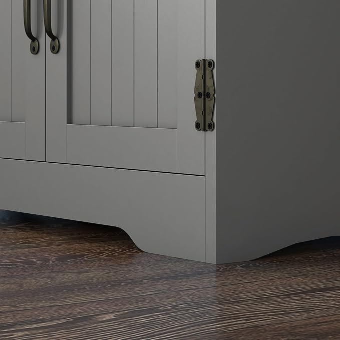 HOMCOM 48.5" Kitchen Pantry Cabinet with 2 Adjustable Shelves and 4 Beadboard Doors, Compact Farmhouse Kitchen Storage Cabinet for Dining Room, Gray