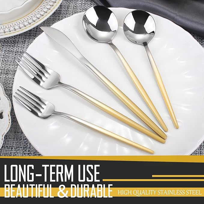 Gradient Gold Silverware Set, 20-Piece Stainless Steel Cutlery Set, Kitchen Flatware,Utensil Set Service for 4, Include Knife/Fork/Spoon, Mirror Polished
