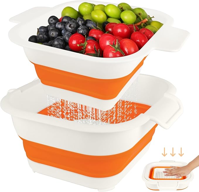 Collapsible Colander Set with Strainer Bowl, 2 in 1 Fruit Washing Basket with Strainer, 5 + 3 QT Plastic Colander for Kitchen, Foldable Double Layered Colanders Bowl for Berry, Vegetable, Orange