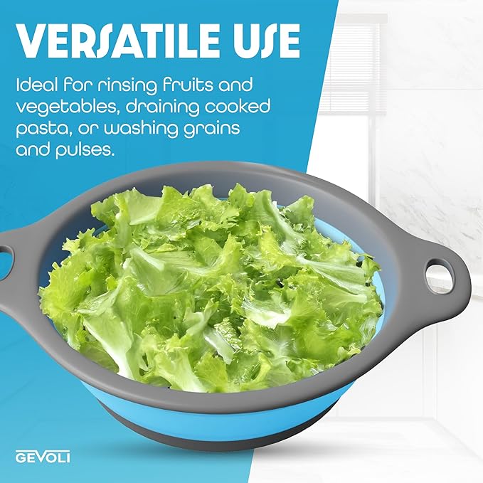 Strainer with Self-Draining Base (5QT) Over-Sink Collapsible Kitchen Colander Set with Side-drain Base for Pasta Vegetables and Fruit, XL Large Capacity, Dishwasher Safe (5-Quart) Blue/Gray