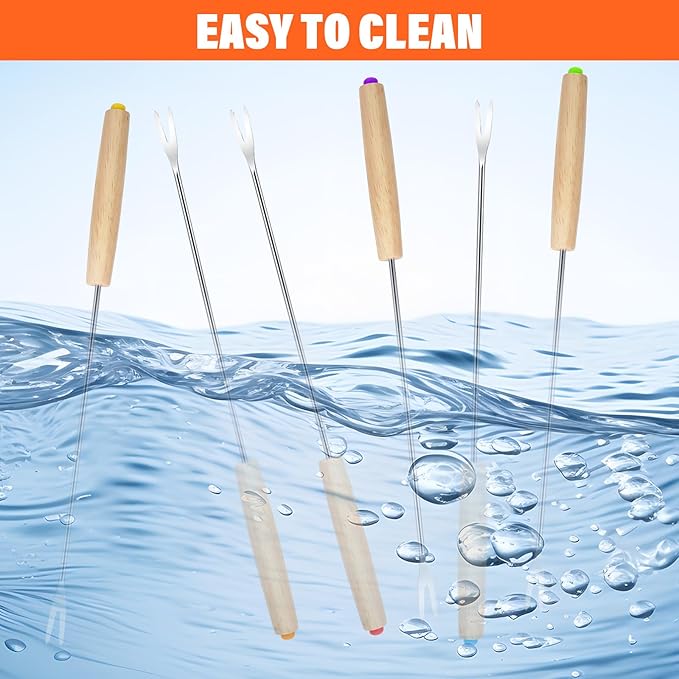 6 PCS 9.5'' Stainless Steel Fondue Forks with Wooden Handle, Color Coding Heat Resistant Fondue Sticks, Cheese Chocolate Fountain Forks for Roast Marshmallows, Grill Meat, Fruits, Dessert & Barbecue
