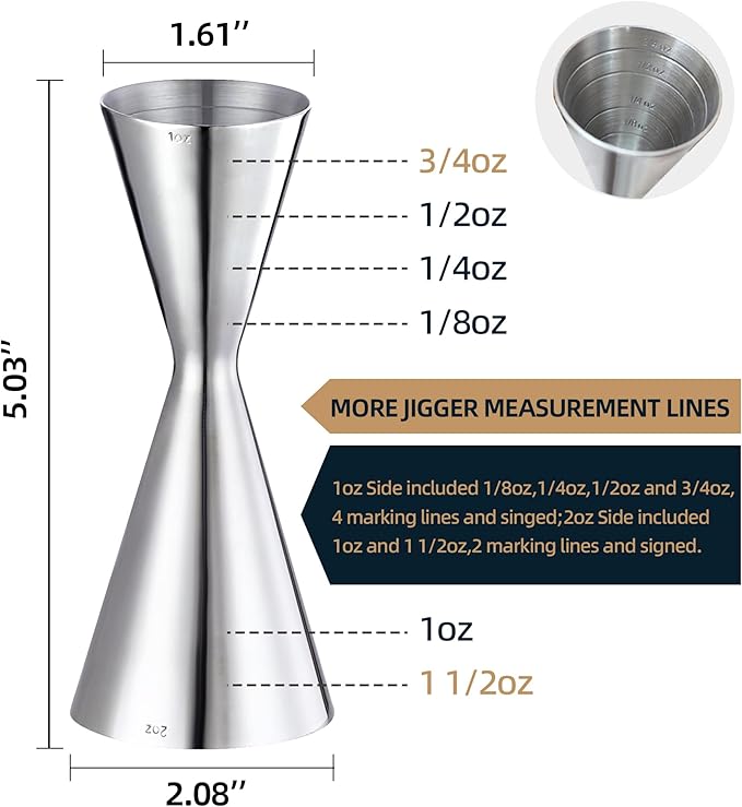 Slim Jigger for Bartending 8 Measurements Inside Cocktail Jigger 2 OZ 1 OZ Professional Duty Double Japanese Premium Food Grade Stainless Steel Bar Jigger Bartender Tool Accessories(304 SS)
