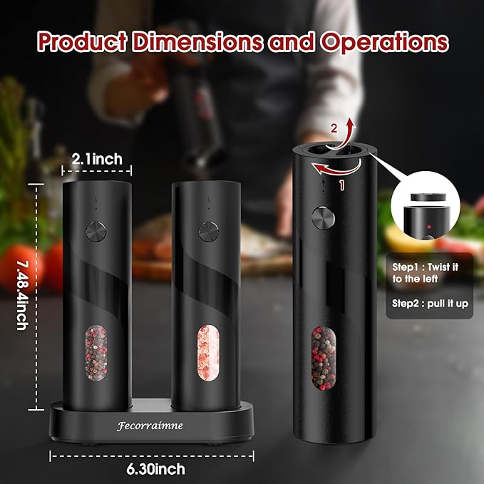 Electric Salt and Pepper Grinder Set,USB Rechargeable Automatic Grinder,Top-Refill Pepper Mill Grinder with Charging Base,Salt and Pepper Grinder with 110ml Large Capacity and LED,One-Hand Operation