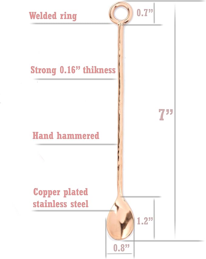 Copper mixing spoons set of 2 - copper plated stainless steel bar spoons with elegant ring on top. - Copper stirring spoon for Moscow mules