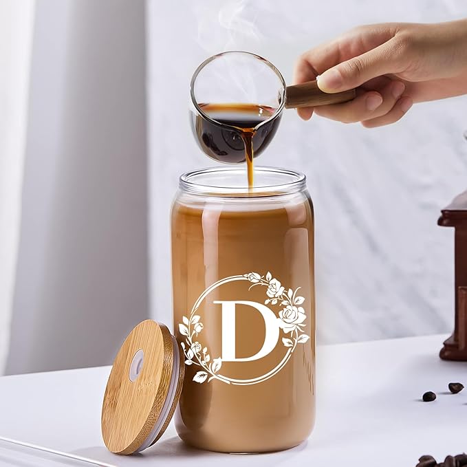 Birthday Gifts for Women, Monogrammed Initial Glass Cup Personalized Gifts for Women, 16oz Glass Cups with Lids and Straws, Iced Coffee Cup, Beer Can Shaped Glass - Gifts for Christmas, Birthday, D