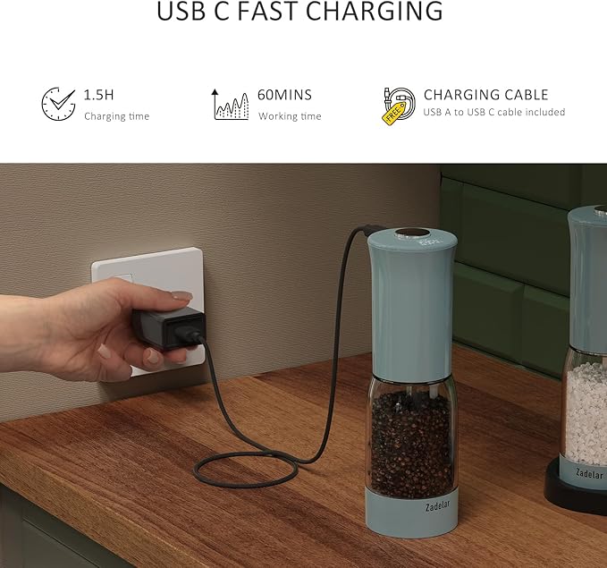 Salt and Pepper Grinder Set with LED Power Display,Larger Capacity Salt and Pepper Shakers Set Electric Rechargeable with Flexible Coarsenes,LED Light,One Hand Operation for Kitchen(Blue)