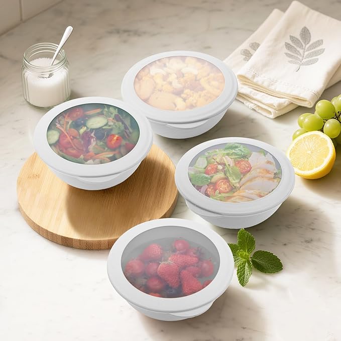 Wheat Straw Bowls Set 40 OZ, Unbreakable Bowls with Dust-Proof Lids Set of 4, Microwave & Dishwasher Safe, Alternative Reusable Plastic Bowl for Cereal, Soup, Salad and Ramen, White