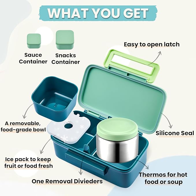 Kids Lunch Bento Box with Thermo Ice Pack Food Container with Insulated Lunch Bag, Insulated Water Bottle with Straw for Girls Boys,Green