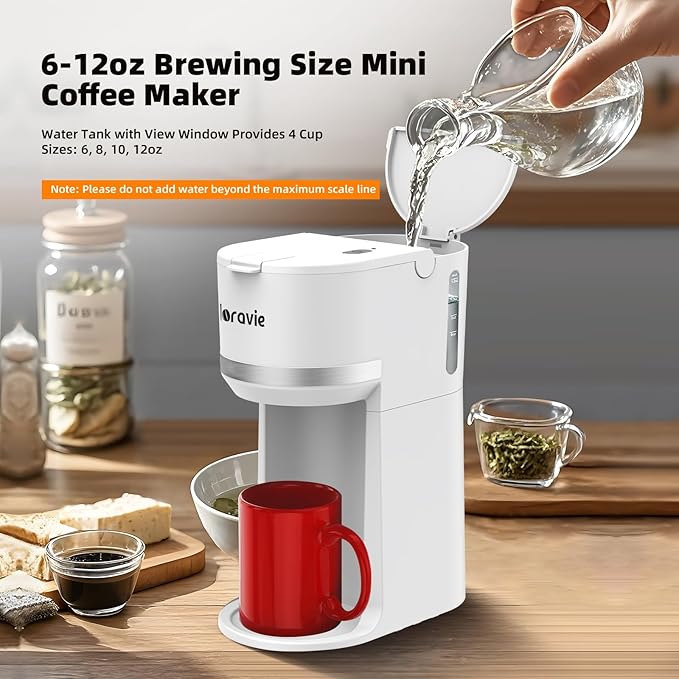 Mini Single Serve Coffee Maker for K Cup and Ground Coffee, Fast Brew One Cup Coffee Machine with Descaling Reminder and Water Window, 6 to 12 oz. Brew Sizes, White