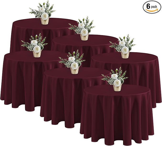 Fitable 6 Pack Burgundy Round Tablecloths - 120 Inches in Diameter - Stain Resistant and Washable Table Clothes, Polyester Fabric Table Covers for Wedding, Party, Banquet, Formal Events