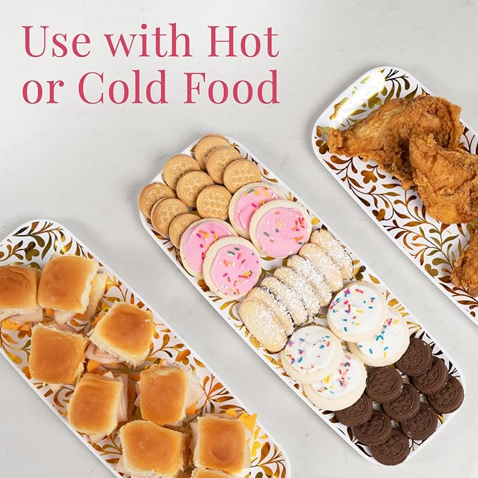 Prestee Disposable Gold Serving Trays for Parties, 3 Pack - Elegant Plastic Trays for Serving Food, 13x9 In. Dessert Platters, Gold Platters for Weddings, Holiday Events, Buffets, and Dessert Tables