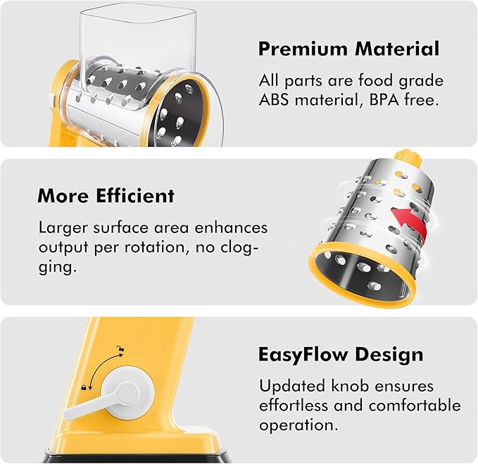 Geedel Rotary Cheese Grater - Upgraded Vegetable Shredder with 4 Interchangeable Blades, Easy to Clean Cheese Shredder with Handle, Kitchen Grater Nuts Grinder for Cutting Cheese, Vegetable, Nuts