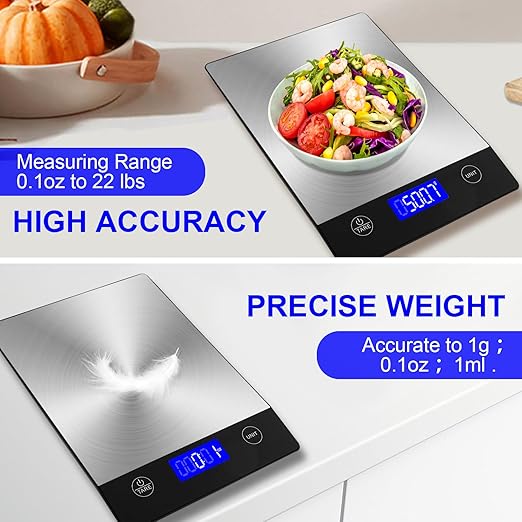 Rechargeable Food Scale, 22lb Digital Kitchen Scale for Food in Gram and Ounce, 0.1oz/1g Precise, 304 Stainless Steel, Perfect for Meal Prep, Cooking, and Baking, Batteries and Charging Cable