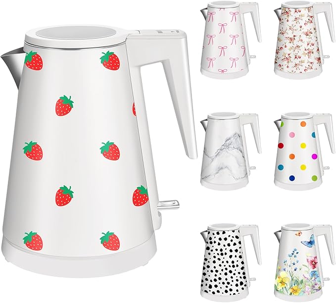 1.2L Double Wall Stainless Steel Interior Water Boiler, Cordless, 1000W Fast Boil with LED Light Coffee Pot & Tea Electric Kettle, Auto Shut-Off and Boil-Dry Protection (Strawberry)