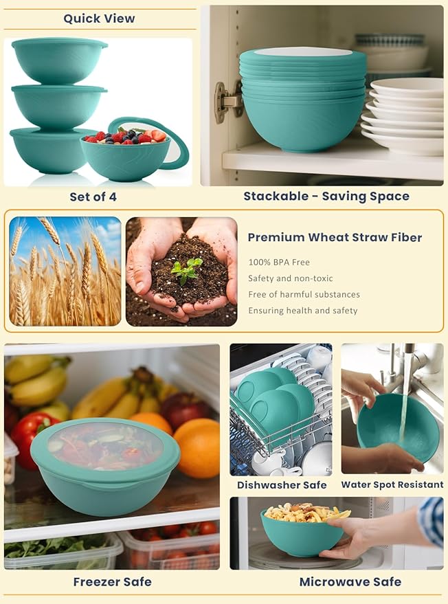 Homienly Bowls with Lids, Wheat Straw Bowl Set of 4-40 OZ Cereal Bowls and Silicone Edge Lids,Unbreakable Food Containers for Meal Prep, Salad, Lunch, Kitchen, Camping, Picnic, RV (4 Sets,Green)