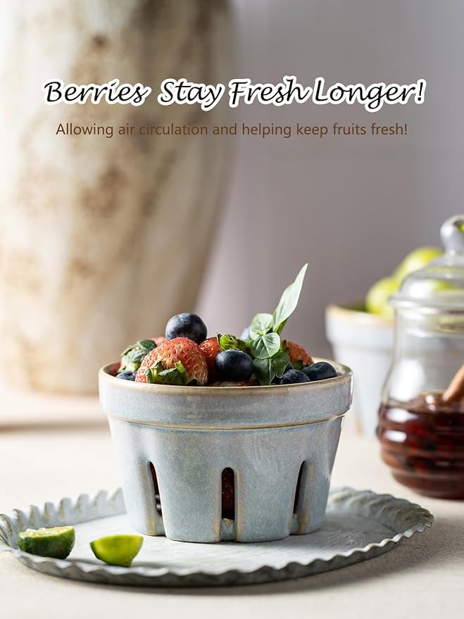 Gomakren Ceramic Berry Basket Set of 2, Round Fruit Bowl with Holes, Fruit Storage Containers for Kitchen, Cute Strawberry Basket for Berries, Grape, Cherry, Gray