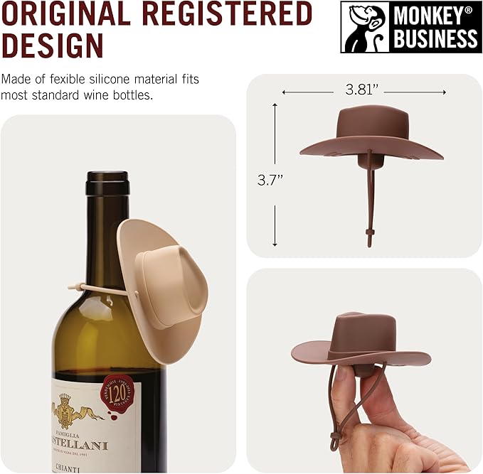 Monkey Business Howdy - 2-Pack Cowboy Hat Wine Stoppers – Fun Silicone Bottle Stoppers Keep Wine Fresh – Novelty Kitchen Gadgets & Cute Wine Accessories