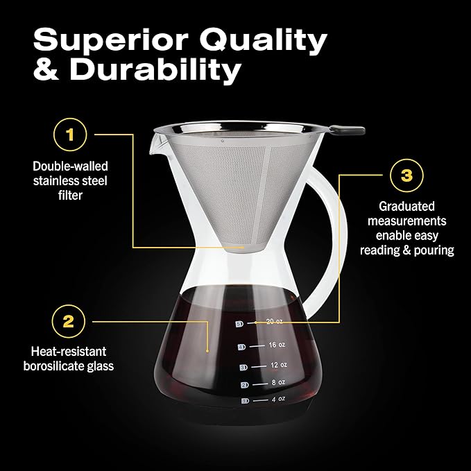 Bean Envy Pour Over Coffee Maker, High-Heat Borosilicate Glass with Reusable Stainless Steel Filter, Glass Coffee Maker (20 Oz)