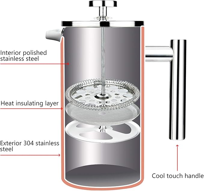 Insulated French Press Coffee Maker Stainless Steel Double-Wall Metal 3 Level Filtration System, Rust-Free Dishwasher Safe