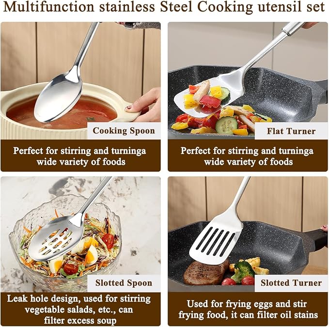 Homquen Kitchen Utensils Set 4pcs, Stainless Steel Cooking Utensils Set, Kitchen Tools Spatulas Set, Cooking Spoons, Home Essentials Kitchen Gadgets Accessories