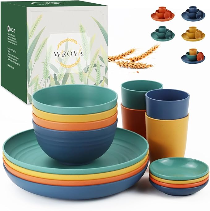 Wheat straw plates and bowls sets of 16 - Unbreakable wheat straw dinnerware sets for kids - Alternative plastic dinnerware set service for 4 - Microwave safe and Dishwasher safe bowls. Colorful