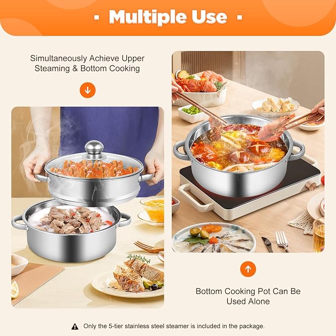 Steamer Pot for Cooking 5-Tier Stainless Steel Meat Vegetable Cooking Kitchen Steamer Cooker Multi-Layer Food Cookware with Handle for Gas Electric Stove Dumpling Stock Sauce (26cm)