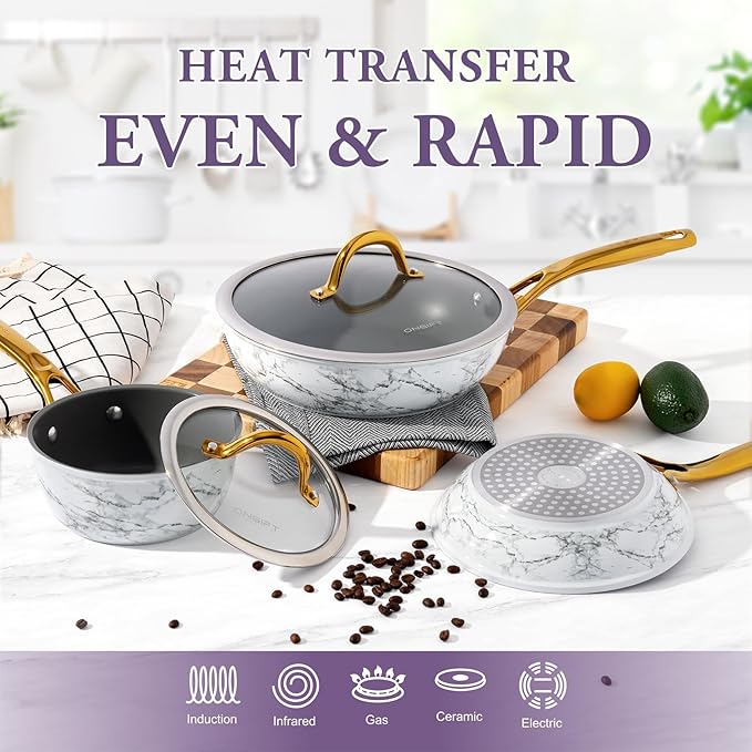 16Pcs Nonstick Cookware Sets, Kitchen Pots and Pans Set Non Stick for Cooking, Non Toxic Induction Cookware, Oven & Dishwasher Safe, Mable White