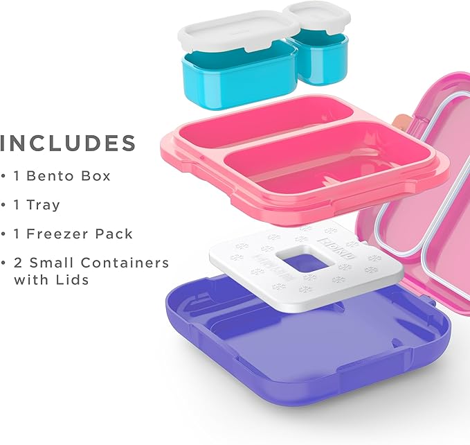 ZOKU - Bento Box with Ice Pack, Lunch Box for Kids, Easy to Carry and Clean, Freezer Pack Keeps Food Fresh, Fits Any Snack or Meal, Leakproof (Neat Bento) (Pink)