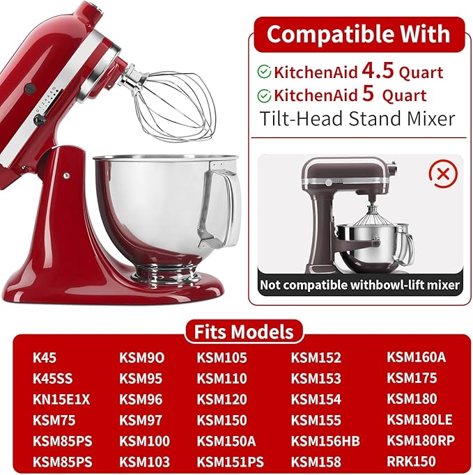 Whisk Attachments for KitchenAid 4.5/5Quart Mixer, Titl-head Stand Kitchen aid Mixer Accessories, Upgrade 6 wire Whole Stainless Steel Whisk parts Dishwasher Safe not Tarnish
